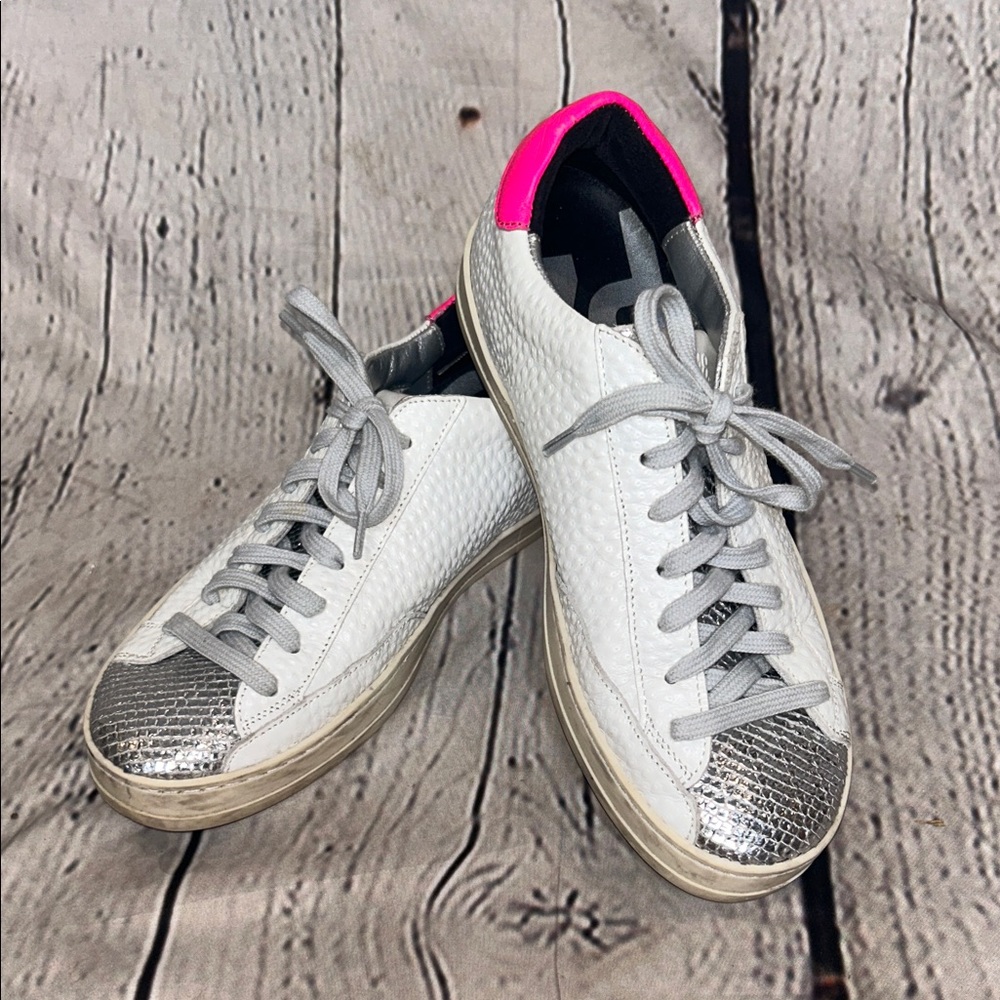 P448 White Silver Neon Pink Lace Sneaker Size 7 Excellent Condition